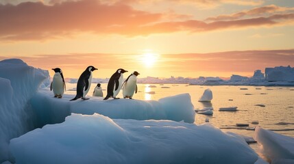 Professional photograph of penguins standing on floating ice sheet in the arctic ocean. - obrazy, fototapety, plakaty