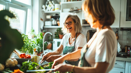 In a homely kitchen, women come together to cook, their smiles and laughter adding warmth to their culinary creations, epitomizing a healthy and joyful lifestyle - obrazy, fototapety, plakaty