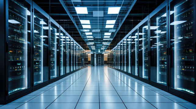Innovative data storage facility, blending modern design with high-tech hardware. The cool blue tones evoke a sense of efficiency and reliability in the digital industry.