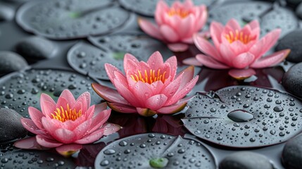 a group of pink water lilies floating on top of a body of water surrounded by black rocks and water droplets.