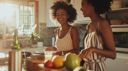 In a homely kitchen, women come together to cook, their smiles and laughter adding warmth to their culinary creations, epitomizing a healthy and joyful lifestyle