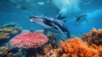 Fototapeta na wymiar Whales are swimming underwater with beautiful colorful corals.