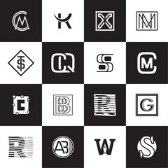 Logo Collection Monogram Letter Templates. Black and White Logotypes Set. Creative Vector Business Shapes. CM, K, X, MN, TS, CQ, S, C, BB, R, G, AB, W