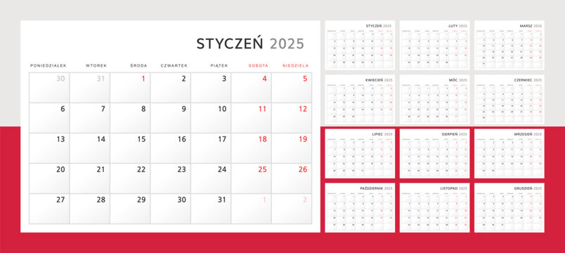 Calendar 2025 in Polish language. Wall calendar for 2024 in classic minimalist style. Week starts on Monday. Set of 12 months. Corporate Planner Template. A4 format horizontal. Vector graphics