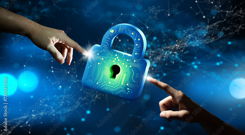 Wall mural businessmen hands pointing keyhole in data security. cyber data and information privacy. future tech