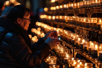 Calm elderly senior Japanese woman retired female grandmother prayer lighting many ritual candles...