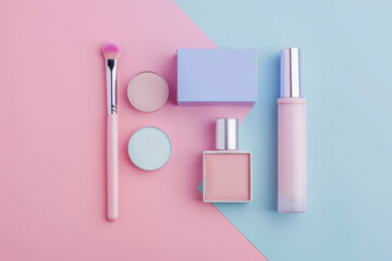 Flat lay of fashion decorative cosmetic on a pastel background, minimal style, beauty blogger concept, top view