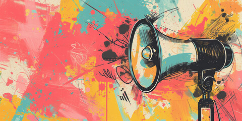 collage grunge banner. Crazy actions are announced over the loudspeaker. Doodle elements on retro poster