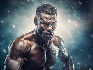 Fototapeta na wymiar African American male boxer looking to the camera fiercely, fighter posing confidently, boxing athlete shirtless, martial art concept, Muay Thai