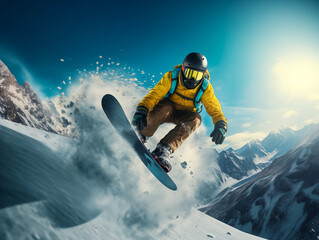 Snowboarder jumps amidst snowy mountains, showcasing the thrill of winter sports
