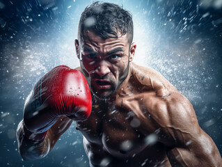 Aggressive male boxer wearing red gloves looking to the camera fiercely, fighter posing confidently, boxing athlete shirtless, martial art concept, Muay Thai