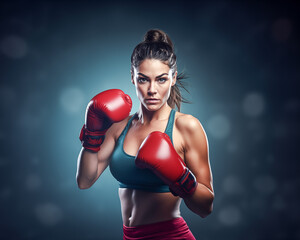 Strong woman boxing Fitness with blue sport bra and red gloves