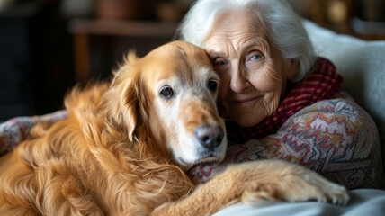 A therapy dog brings comfort to a senior, capturing the essence of pet-assisted care. Illustrating the positive impact of animal companionship in elderly health an