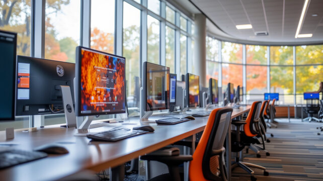 Cutting-edge college computer lab, sleek workstations, and collaborative spaces,  focusing on the intersection of education and innovation