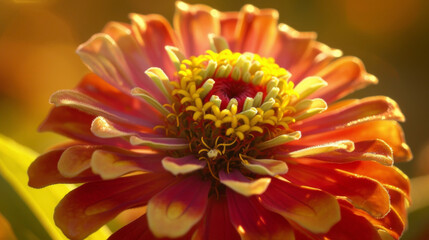 Obraz premium The intricate patterns and vibrant colors of a zinnia bloom each petal standing out when backlit by the golden sunlight.