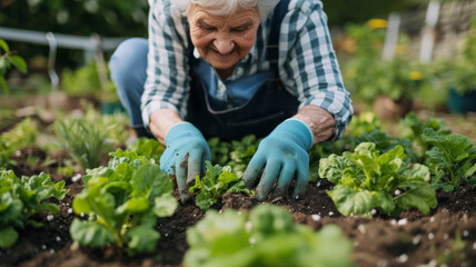 Old person Gardening. Therapeutic benefits of gardening for the elderly, emphasising the joy, physical activity, and mental well-being associated with tending to plants.