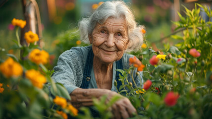 Old person Gardening. Therapeutic benefits of gardening for the elderly, emphasising the joy, physical activity, and mental well-being associated with tending to plants.