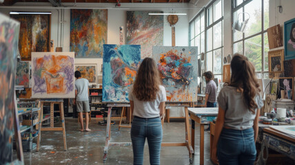 College art studio, with students immersed in various creative disciplines, colorful artworks, and inspiring studio spaces--perfect for projects centred around artistic expression - obrazy, fototapety, plakaty