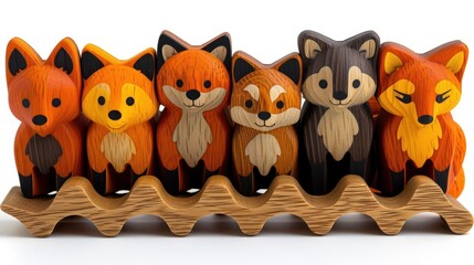 a group of wooden toy foxes sitting on top of a wooden stand with their heads turned to look like they are in a row.