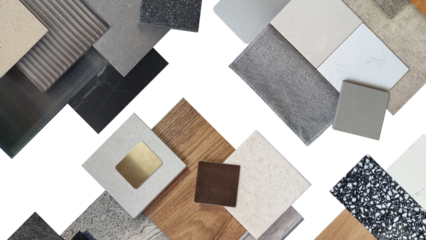 mood board. material samples for interior design. composition of various type of interior material samples palette isolated on background with clipping path. top view of mood board, modern style.