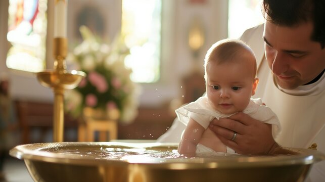 The priest in the church dips the child into the font with holy water, the baptism of the child, the Christian religion and ritual