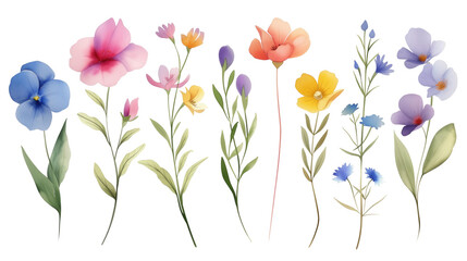 Set of colorful flowers on a transparent background. Watercolor illustration. Clipart PNG