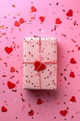 Close up pink gift on pastel pink background among heart-shaped confetti. Valentine's day, romance, love, wedding anniversary concept with copyspace.
