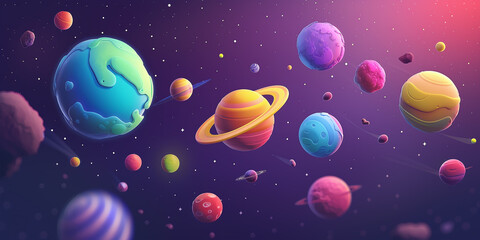 Bright colorful cute 3D planets in cartoon style flying