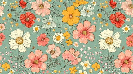 flower, doodle, seamless pattern, on green pastel background