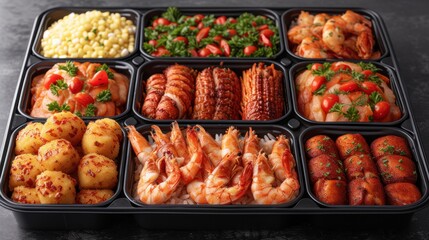 a close up of a tray of food with shrimp, shrimp, corn, potatoes, carrots and broccoli.