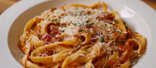 A close-up of a staple food dish, featuring pasta with a savory sauce, cheese, and perfectly cooked al dente noodles.