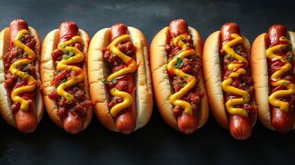 a row of hotdogs with chili and ketchup on buns with ketchup and mustard on them. - obrazy, fototapety, plakaty