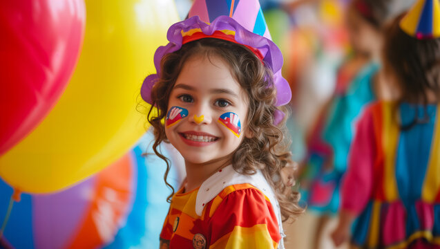 A lively children's carnival at a community center features laughter, vibrant costumes, face-painted smiles, treats, and dancing to upbeat tunes, creating an enchanting celebration
