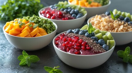 a group of bowls filled with different types of fruits and veggies on top of a metal counter top.