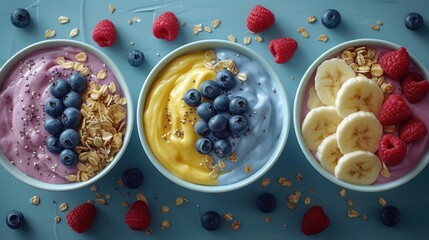 three bowls of fruit, yogurt, and granola on a blue surface with raspberries and blueberries.