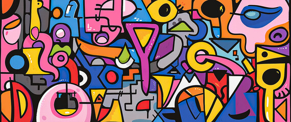 colorful different shapes, swirls, shapes, arches, squiggles, brush strokes and doodles. geometric figures. abstract background in pop art style