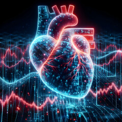 A pulsating heart made of digital pixels, with streams of data flowing across borders