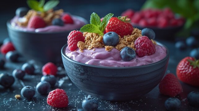 a close up of a bowl of food with berries and granola on a table with blueberries and raspberries.