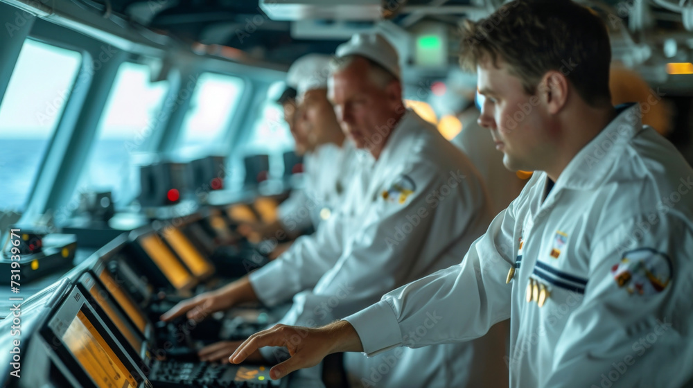 Poster crew members in crisp white uniforms working together to navigate the ship and attend to pengers cre