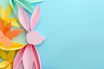 An Easter bunny and eggs cut out of colored paper with flowers. Easter celebration concept