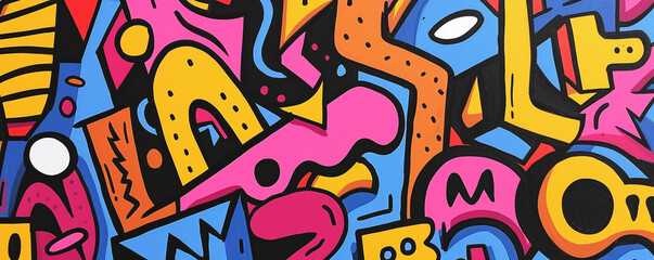 colorful different shapes, swirls, shapes, arches, squiggles, brush strokes and doodles. geometric figures. abstract background in pop art style