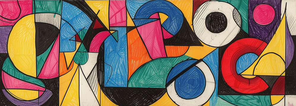 colorful different shapes, swirls, shapes, arches, squiggles, brush strokes and doodles. geometric figures. abstract background in pop art style