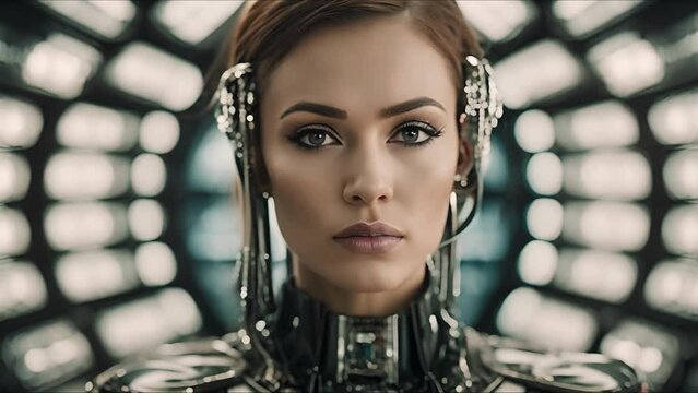 Beautiful cyborg girl on a technological background. Futuristic robot woman. Concept of technology, robotics, artificial intelligence and future.