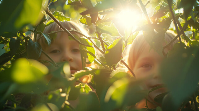 Two friends playing a game of hide and seek in a sundrenched garden the bright light creating dramatic shadows on their surroundings.