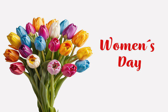 Photo Card with a bouquet of colorful tulips and free space, Women's Day,