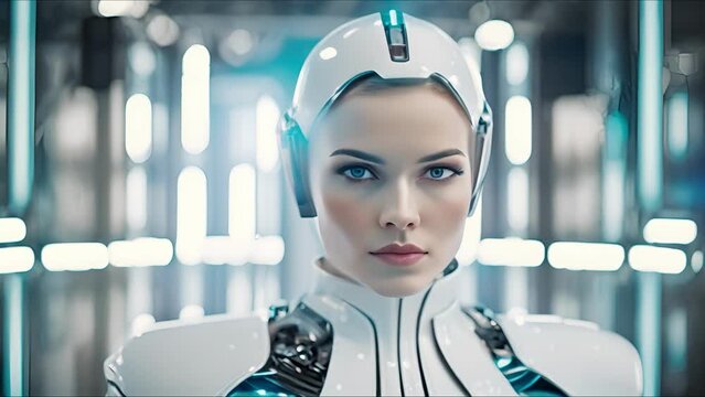 Beautiful cyborg girl on a technological background. Futuristic robot woman. Concept of technology, robotics, artificial intelligence and future.