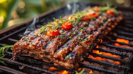 a close up of a steak on a grill with tomatoes and herbs on the top of the grill and smoke coming out of the grill.