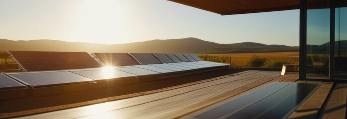 Banner with solar panels on roof of modern house. Solar panel building, panels to generate energy from light, energy without using fuel. Eco-friendly house, green energy, farm