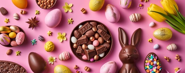Chocolate Easter bunny for children with different small sweets nearby for Easter celebration day, banner with copyspace