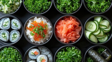 a close up of a tray of food containing sushi, cucumbers, carrots, and broccoli.